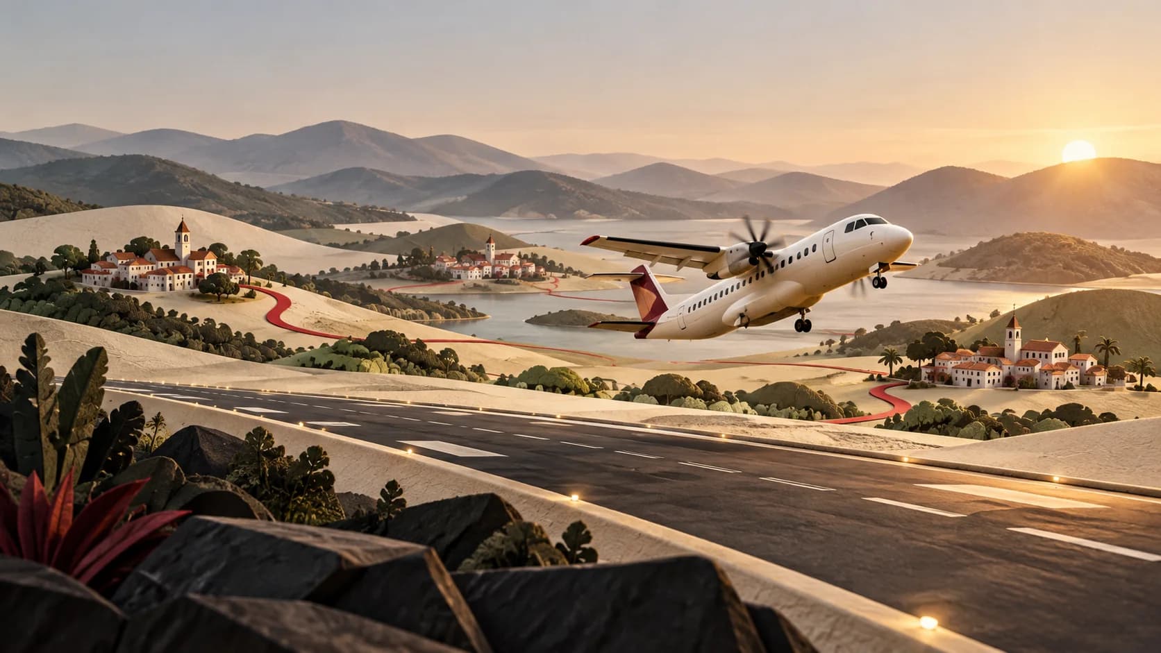 Ilustração conceitual de uma pista de aeroporto conectada a pequenas cidades, representando a proposta de aviação regional.