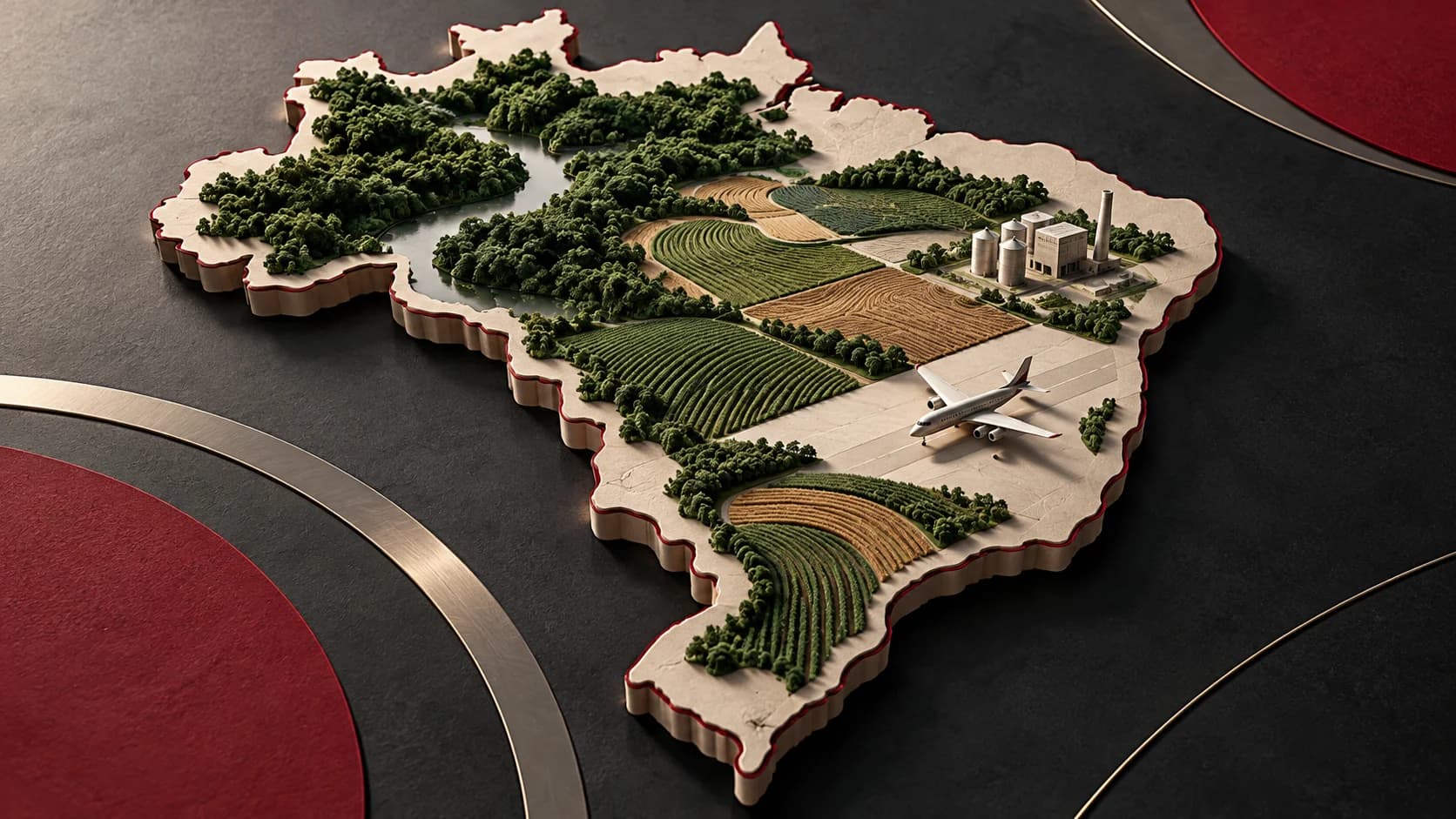 Ilustração conceitual do mapa do Brasil com campos, indústria e uma aeronave, representando o potencial econômico do país.