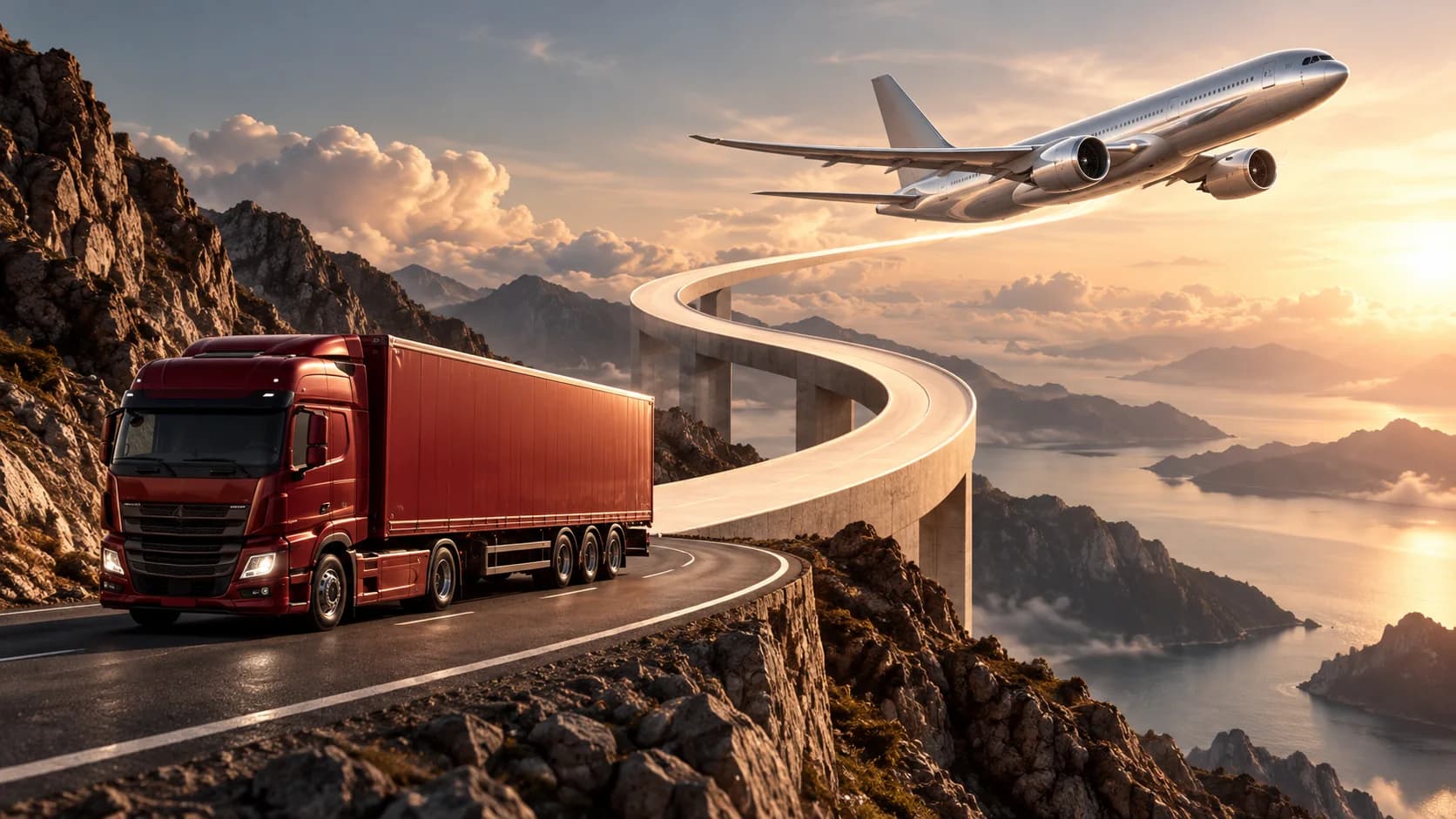 Ilustração editorial de um caminhão e um avião conectados por uma estrada, representando a passagem da logística para a aviação.