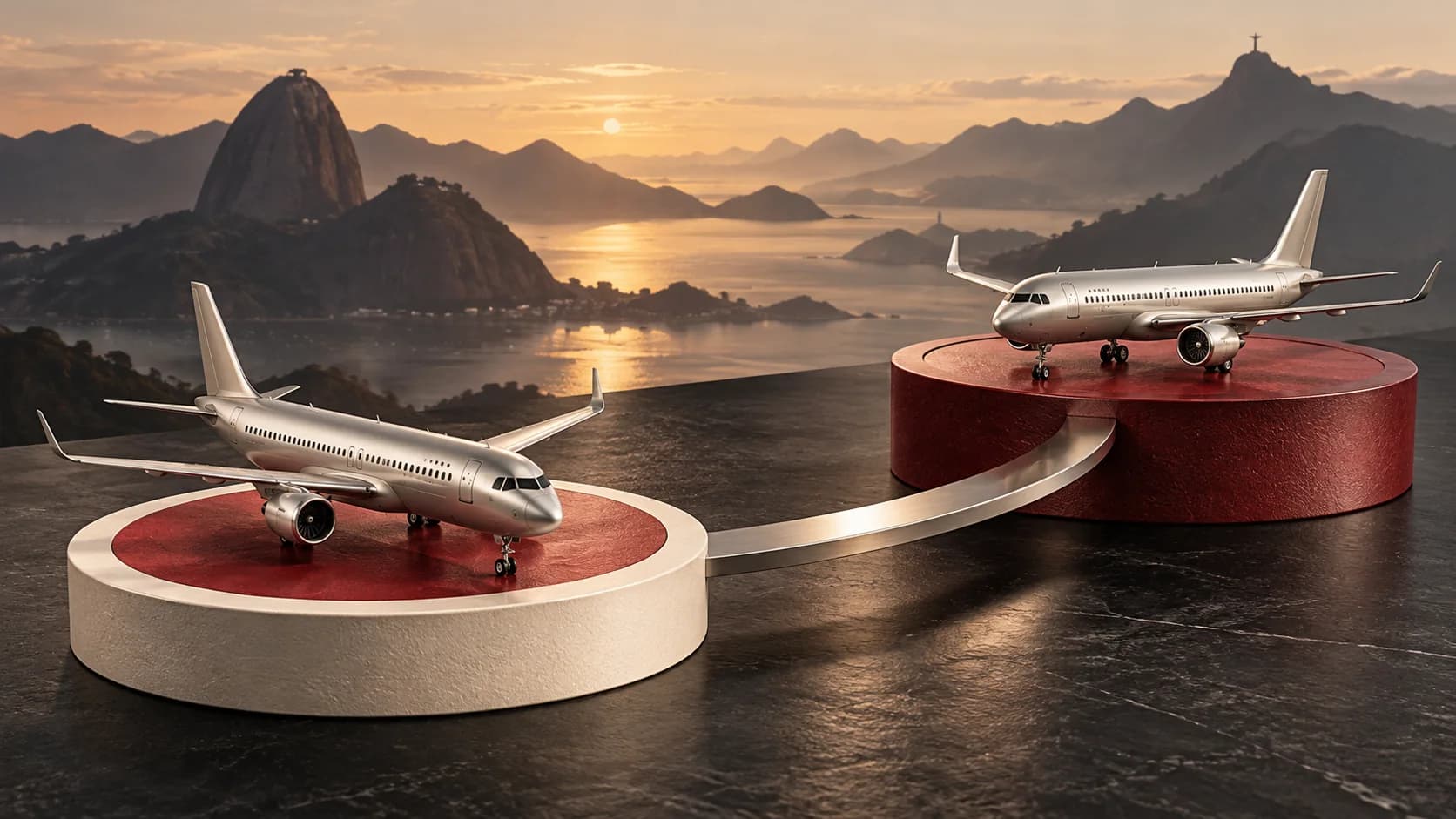 Ilustração conceitual de duas aeronaves sobre bases conectadas, simbolizando as aquisições de companhias aéreas em dois países.