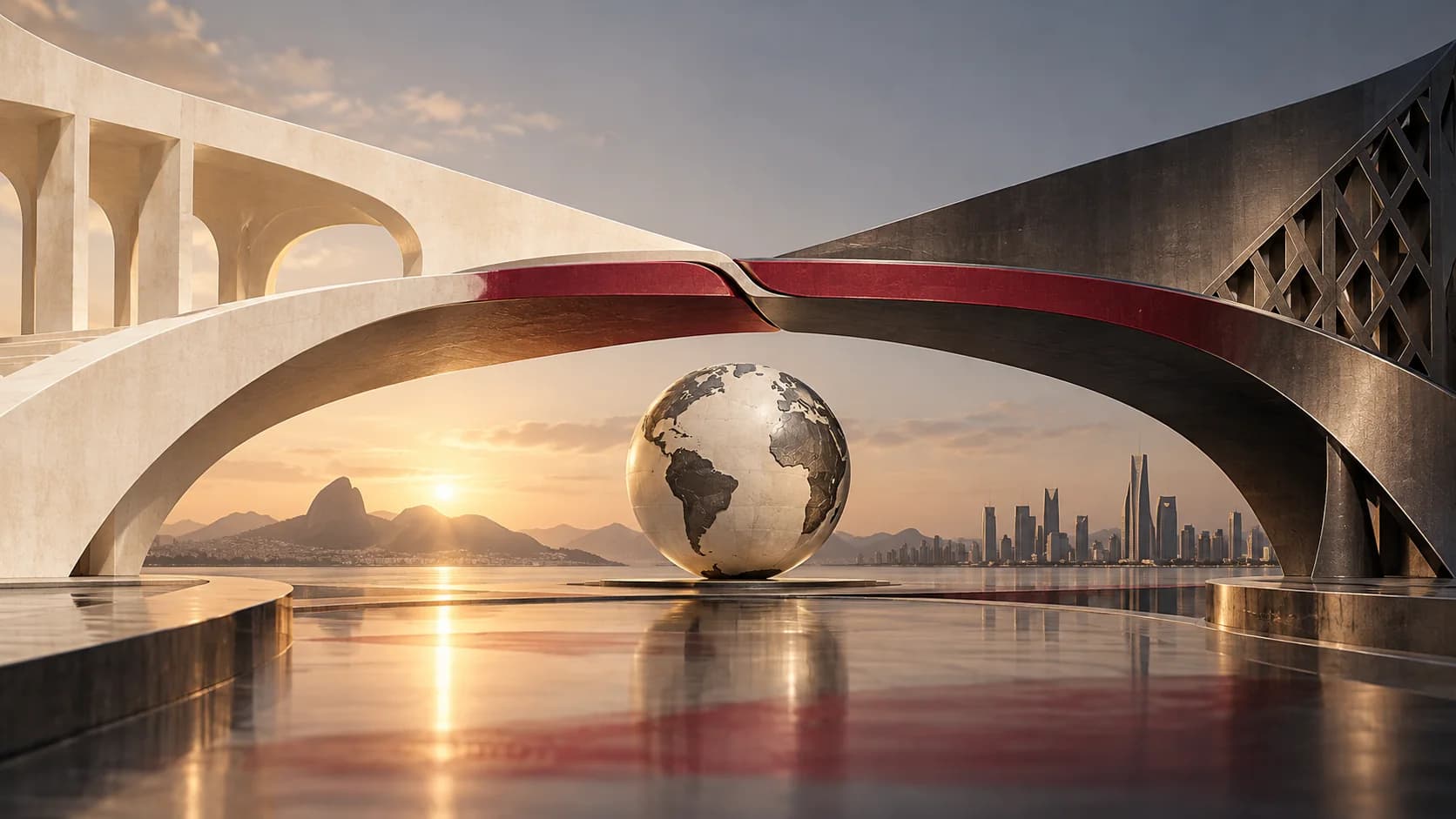 Ilustração conceitual de uma ponte formada por duas estruturas arquitetônicas, simbolizando uma parceria internacional.