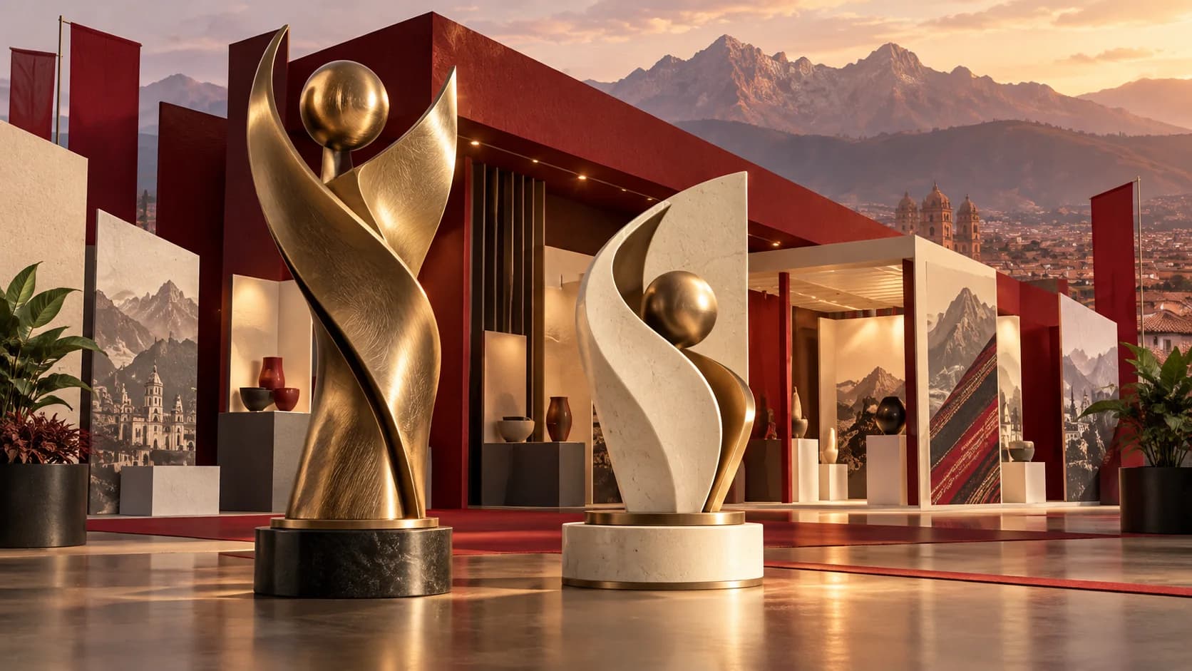 Ilustração editorial de dois troféus abstratos diante de um pavilhão de exposições, remetendo a homenagens e à Expocruz.