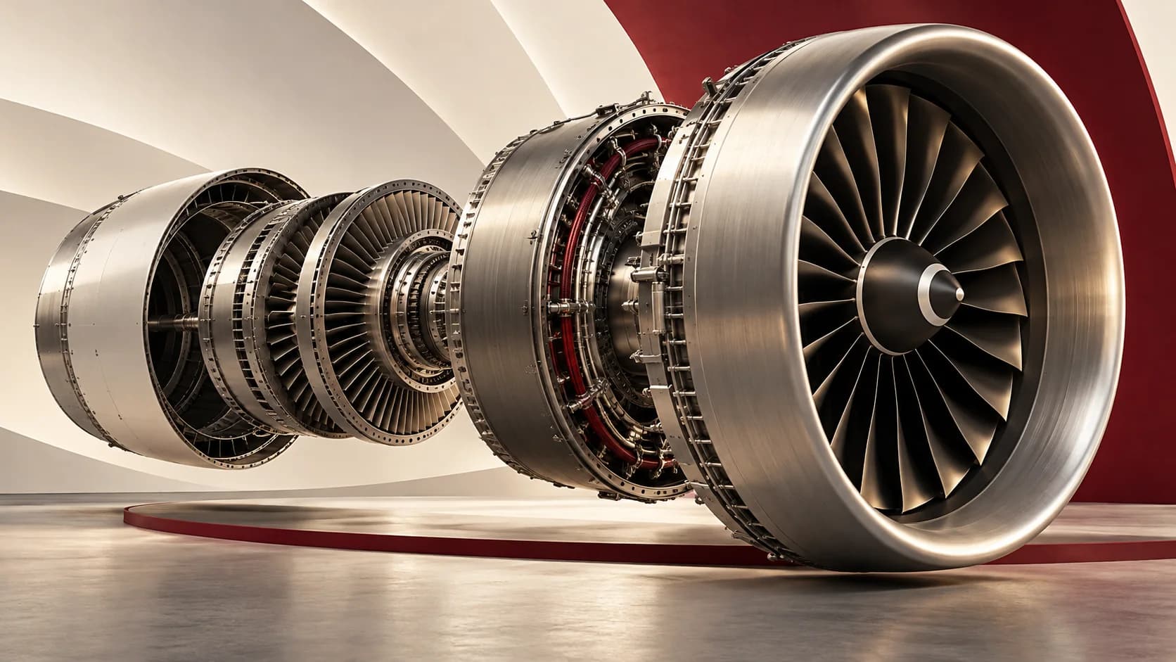 Ilustração conceitual de uma turbina de avião com componentes organizados em camadas, simbolizando a reestruturação de uma empresa aérea.