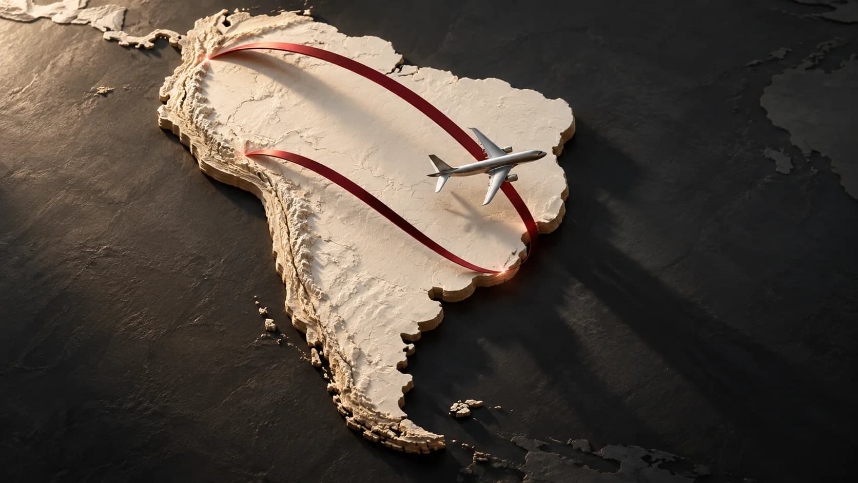 Ilustração conceitual do relevo da América do Sul com um avião e arcos de conexão, representando a expansão regional do grupo.